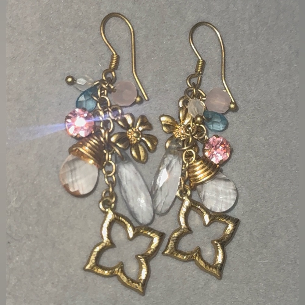 Gold and Pink Floral Dangle Earrings